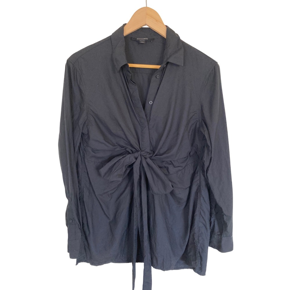 AllSaints Flyn Black Front Tie Button Down Long Sleeve Lyocell Shirt Womens M